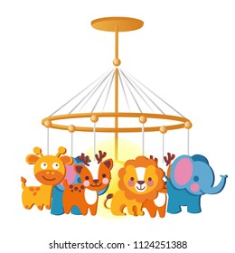 Baby carousel with hanging toys isolated on white background. Vector cartoon close-up illustration.