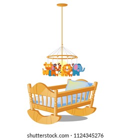 Детская карусель с подвесными игрушками над деревянной кроваткой, изолированной на белом фоне. Векторный мультфильм крупным планом иллюстрации.