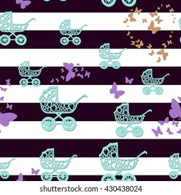 Baby carriage. Beautiful pattern to the birthday child. Vector illustratio