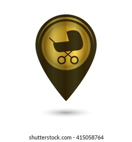 Baby carriage - black vector icon; golden  map pointer