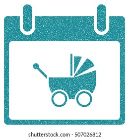 Baby Carriage Calendar Day grainy textured icon for overlay watermark stamps. Flat symbol with dust texture. Dotted vector soft blue ink rubber seal stamp with grunge design on a white background.