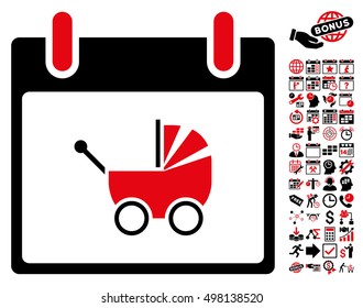 Baby Carriage Calendar Day icon with bonus calendar and time management graphic icons. Vector illustration style is flat iconic symbols, intensive red and black, white background.