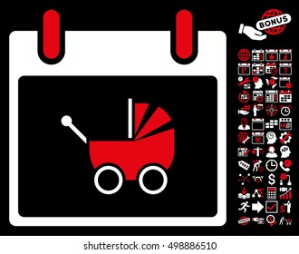 Baby Carriage Calendar Day icon with bonus calendar and time management graphic icons. Vector illustration style is flat iconic symbols, red and white, black background.