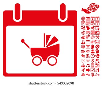 Baby Carriage Calendar Day icon with bonus calendar and time management design elements. Vector illustration style is flat iconic symbols, red, white background.