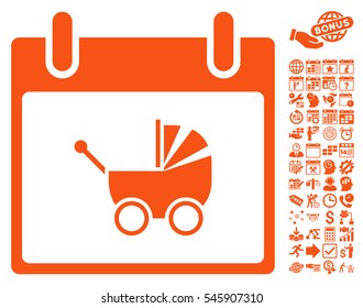 Baby Carriage Calendar Day icon with bonus calendar and time management pictograms. Vector illustration style is flat iconic symbols, orange, white background.