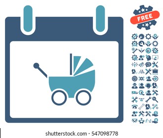 Baby Carriage Calendar Day icon with bonus tools symbols. Vector illustration style is flat iconic symbols, cyan and blue, white background.