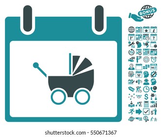 Baby Carriage Calendar Day icon with bonus calendar and time management pictograms. Vector illustration style is flat iconic symbols, soft blue, white background.
