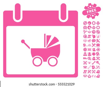 Baby Carriage Calendar Day icon with bonus options icon set. Vector illustration style is flat iconic symbols, pink, white background.