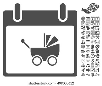 Baby Carriage Calendar Day pictograph with bonus calendar and time management design elements. Vector illustration style is flat iconic symbols, gray, white background.