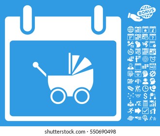 Baby Carriage Calendar Day pictograph with bonus calendar and time management symbols. Vector illustration style is flat iconic symbols, white, blue background.