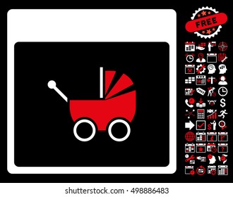Baby Carriage Calendar Page icon with bonus calendar and time management clip art. Vector illustration style is flat iconic symbols, red and white, black background.