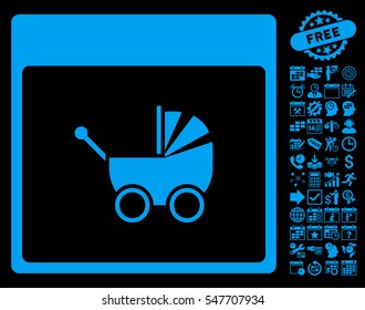 Baby Carriage Calendar Page icon with bonus calendar and time management pictograph collection. Vector illustration style is flat iconic symbols, blue, black background.