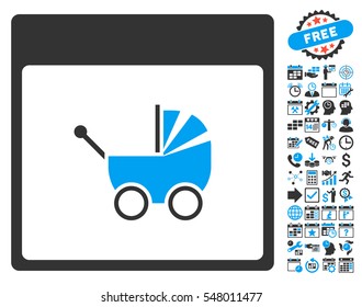 Baby Carriage Calendar Page icon with bonus calendar and time management design elements. Vector illustration style is flat iconic symbols, blue and gray, white background.