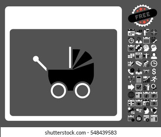 Baby Carriage Calendar Page icon with bonus calendar and time management pictograms. Vector illustration style is flat iconic symbols, black and white, gray background.