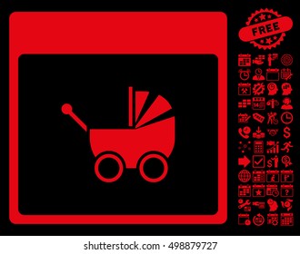 Baby Carriage Calendar Page pictograph with bonus calendar and time management images. Vector illustration style is flat iconic symbols, red, black background.