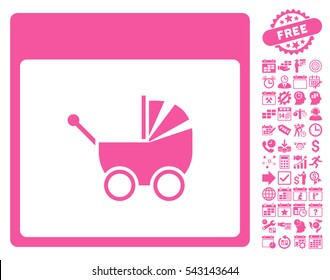 Baby Carriage Calendar Page pictograph with bonus calendar and time management symbols. Vector illustration style is flat iconic symbols, pink, white background.