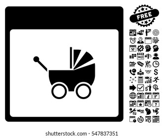 Baby Carriage Calendar Page pictograph with bonus calendar and time management clip art. Vector illustration style is flat iconic symbols, black, white background.