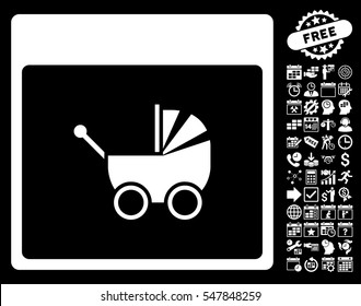 Baby Carriage Calendar Page pictograph with bonus calendar and time management clip art. Vector illustration style is flat iconic symbols, white, black background.