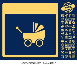 Baby Carriage Calendar Page pictograph with bonus calendar and time management pictograms. Vector illustration style is flat iconic symbols, yellow, blue background.