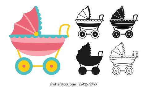 Baby carriage cartoon icon set. Pram baby stroller symbol line or silhouette, cute simple collection. Newborn kids nursery accessory objects. Birthday child memory scrapbook kit vector illustration