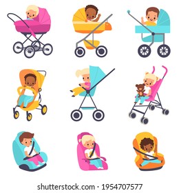 Baby carriage. Children in kids strollers, boys and girls in car seats, little multiethnic babies in perambulator or booster chair, safe convenient babies transportation vector cartoon set