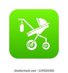 Baby carriage classy icon green vector isolated on white background