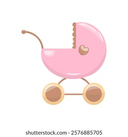 Baby carriage clipart. Hand drawn clipart of a pink baby carriage. Vector stock image isolated on white background. Graphic design vector illustration. 