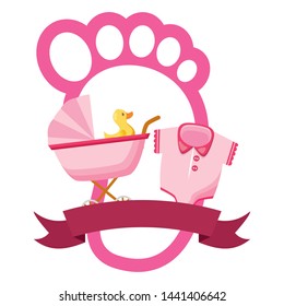 baby carriage clothes duck girl decoration baby shower card vector illustration