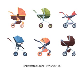 Baby carriage. Cute transport for new born children garish vector colored collection