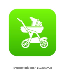Baby carriage designer icon green vector isolated on white background