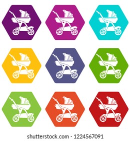 Baby carriage designer icons 9 set coloful isolated on white for web