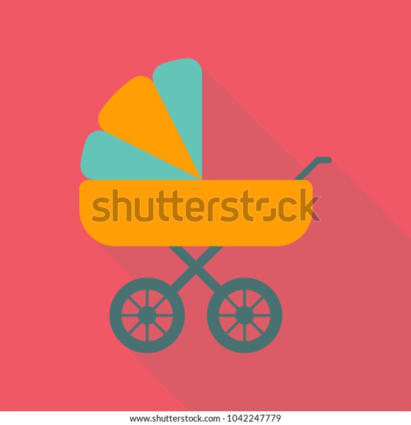 baby\
carriage flat icon with long shadow isolated on pink background.\
Baby icons in flat style, vector\
illustration.
