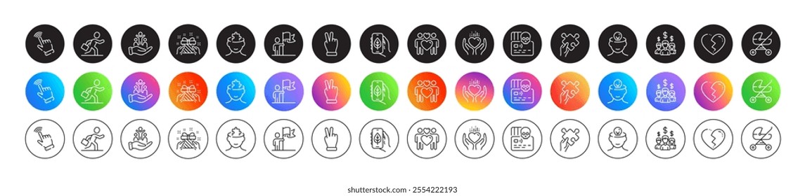 Baby carriage, Gift and Love couple line icons. Round icon gradient buttons. Pack of Mental health, Victory hand, Inclusion icon. Cyber attack, Leadership, Mental conundrum pictogram. Vector