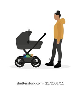 Baby carriage with groceries and female character on white background