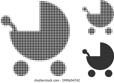 Baby carriage halftone dotted icon. Halftone pattern contains round points. Vector illustration of baby carriage icon on a white background.