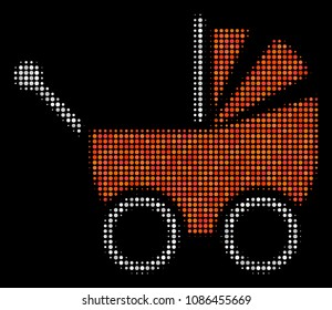 Baby carriage halftone vector icon. Illustration style is dotted iconic baby carriage icon symbol on a black background. Halftone pattern is circle pixels.