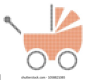 Baby Carriage halftone vector pictograph. Illustration style is dotted iconic Baby Carriage symbol on a white background. Halftone pattern is circle dots.