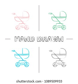 Baby carriage hand drawn icons set. Pram, stroller. Color brush stroke. Isolated vector sketchy illustrations