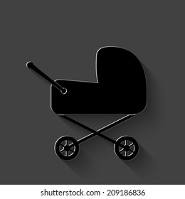 Baby carriage icon - black vector illustration with shadow on dark background