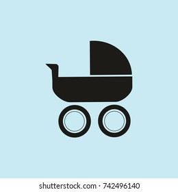 baby carriage icon, blue background

