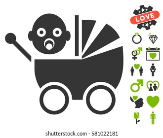 Baby Carriage icon with bonus decorative images. Vector illustration style is flat iconic eco green and gray symbols on white background.