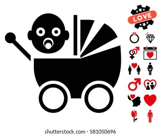 Baby Carriage icon with bonus marriage graphic icons. Vector illustration style is flat iconic intensive red and black symbols on white background.