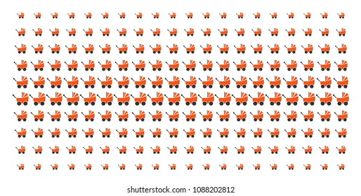 Baby carriage icon halftone pattern, constructed for backgrounds, covers, templates and abstraction compositions. Vector baby carriage shapes organized into halftone grid.