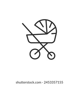 Baby carriage icon. A minimalistic design of a modern baby stroller representing transportation and comfort for infants. Ideal for use in parenting guides and child care resources. Vector illustration