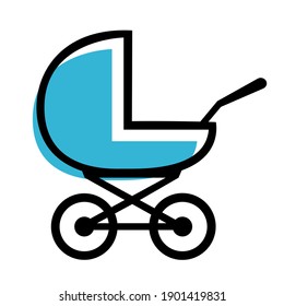 Baby carriage icon on white background. A symbol of the birth of a child, maternal care and love. Vector isolated illustration.