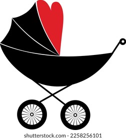Baby carriage icon on white background. A symbol of the birth of a child, maternal care and love. Vector isolated illustration tattoo