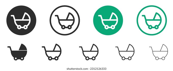 Baby carriage icon set. kid buggy pictogram. child trolley vector set. babysitting stroke line icon sign. 