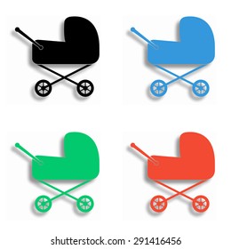 baby carriage icon with shadow - colored vector set