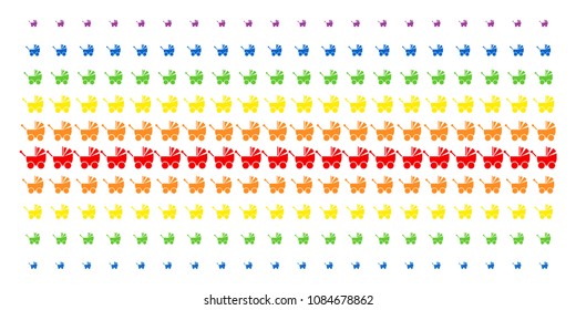 Baby Carriage icon spectrum halftone pattern. Vector symbols organized into halftone matrix with vertical rainbow colors gradient. Designed for backgrounds, covers, templates and abstraction effects.