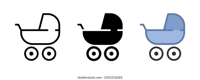 Baby carriage icon. Stroller vector illustration. Newborn buggy symbol. Toddler sign. Baby carriage pictogram. Children cradle isolated concept in three different styles isolated on white background.